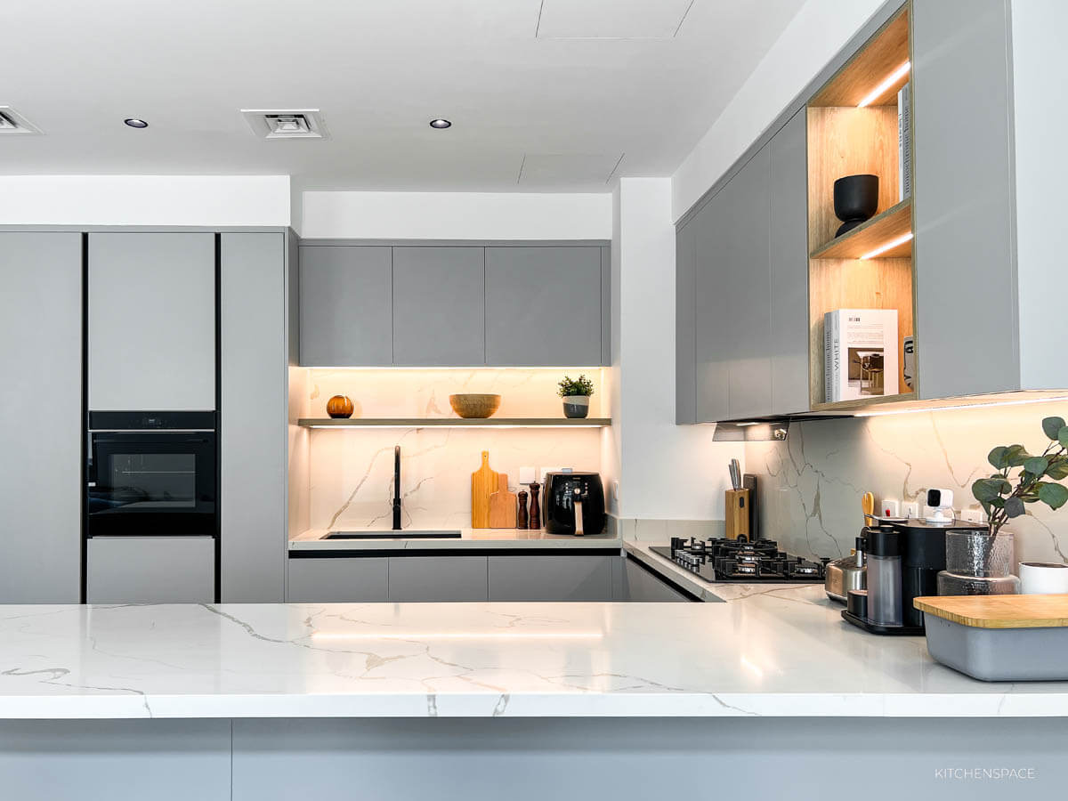 Modern Grey Kitchen  with Waterfall Island